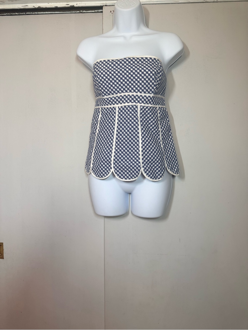 Lilly Pulitzer Navy and White Strapless Gingham Peplum Top